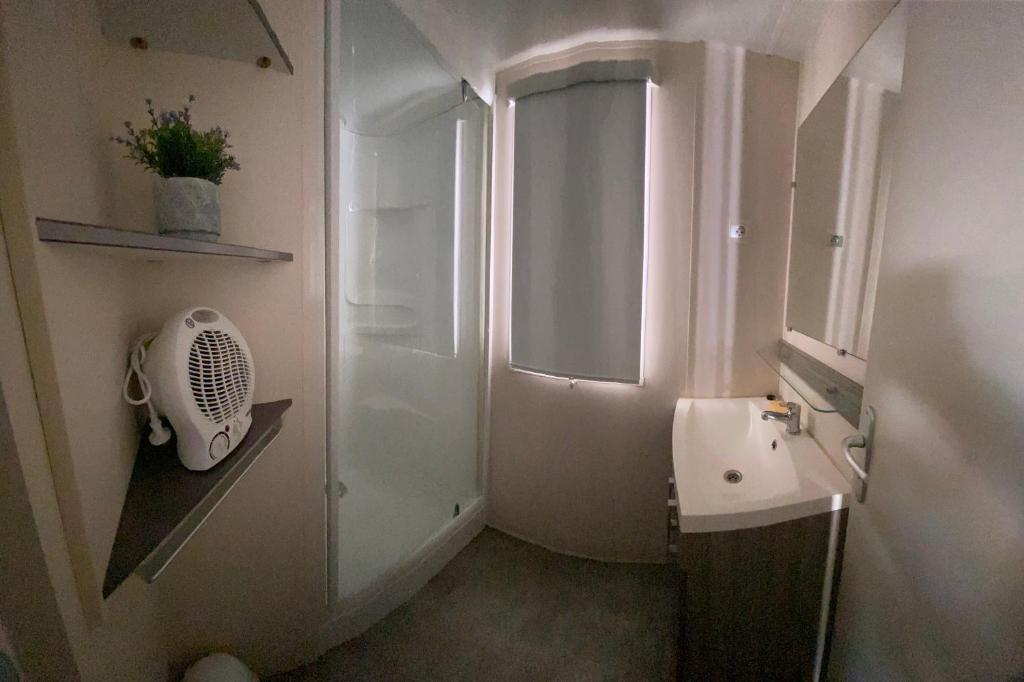 une petite salle de bain avec un lavabo et une douche dans l'établissement Mobil home climatisé 6 personnes dans camping 3* Tohapi a BOOFZHEIM, à Boofzheim