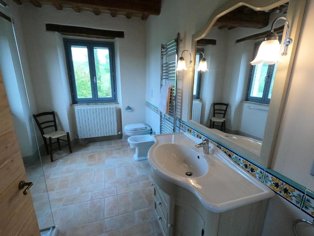 une salle de bain avec un lavabo, des toilettes et un miroir dans l'établissement Casale Iris, à Belmonte Piceno
