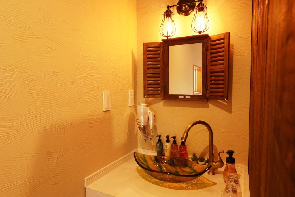 une salle de bain avec un lavabo et un miroir dans l'établissement Amis Droles アミドローラ LIBERTY RESORT, à Kawazu