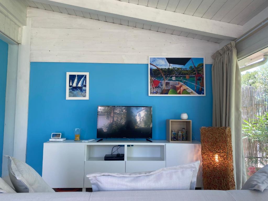 Elle comprend un salon doté d'un mur bleu et d'une télévision. dans l'établissement Villa Vittoria, à Vieste
