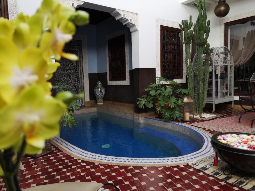 une piscine au milieu d'une maison dans l'établissement Riad Charme d'Orient Adults Only, à Marrakech