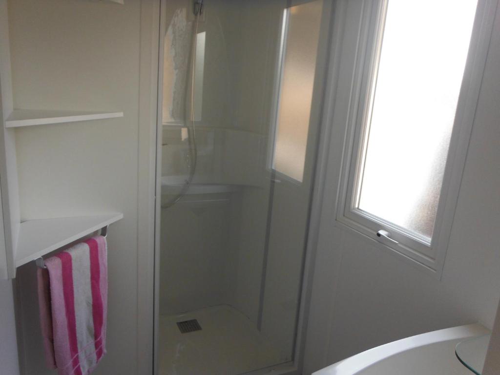 une salle de bain avec une douche avec une porte vitrée dans l'établissement Camping l'Eléphant, à Saint-Raphaël