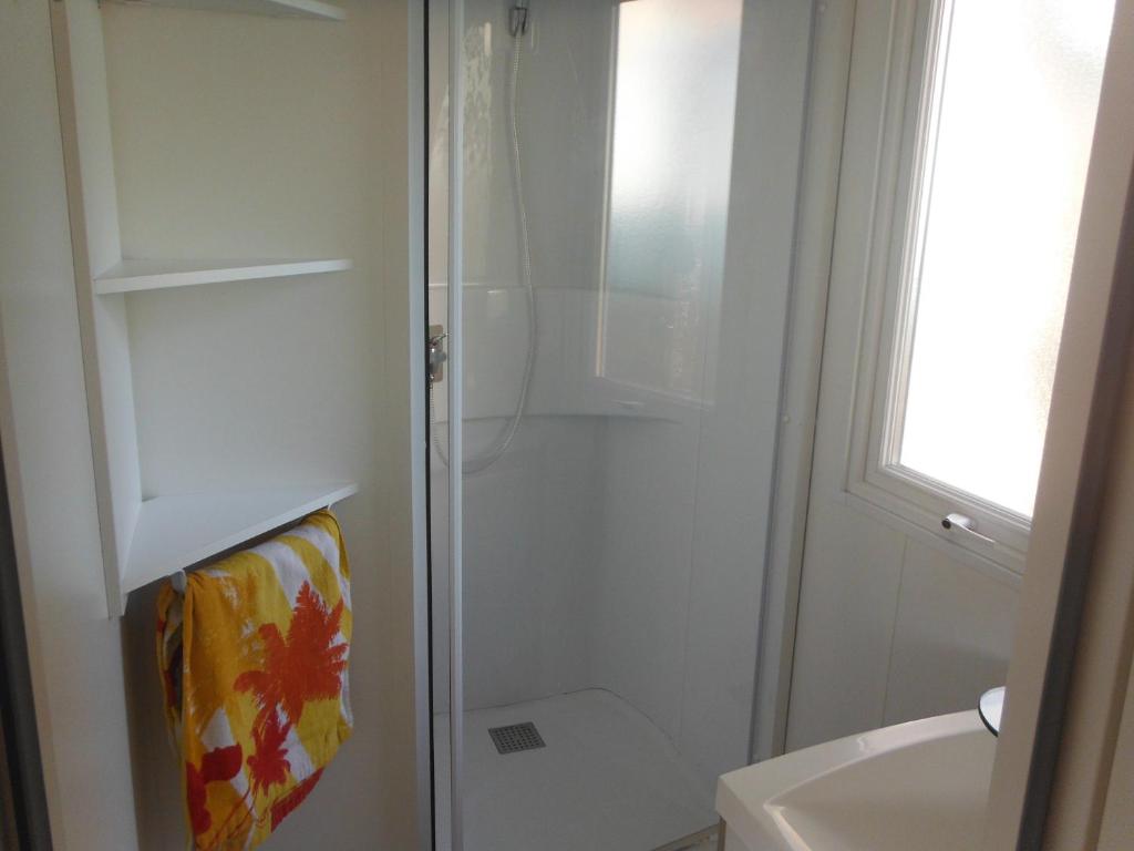 une salle de bain avec une douche, des toilettes et un lavabo dans l'établissement Camping l'Eléphant, à Saint-Raphaël 33 autres photos