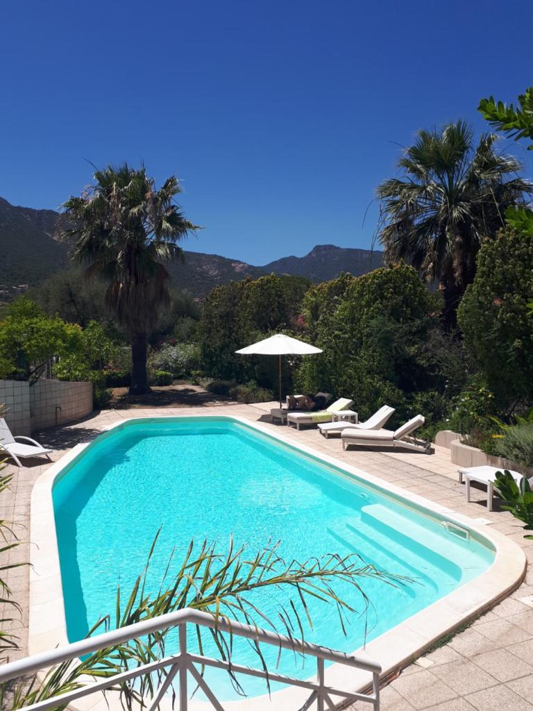 une piscine avec des chaises et un parasol dans l'établissement Villa Ferrara Sardegna, à Capoterra