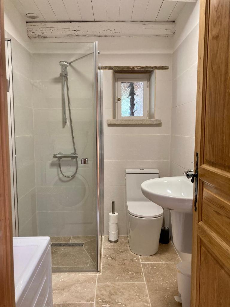 une salle de bain avec une douche, des toilettes et un lavabo dans l'établissement gîte de charme avec piscine, à Montpezat-de-Quercy