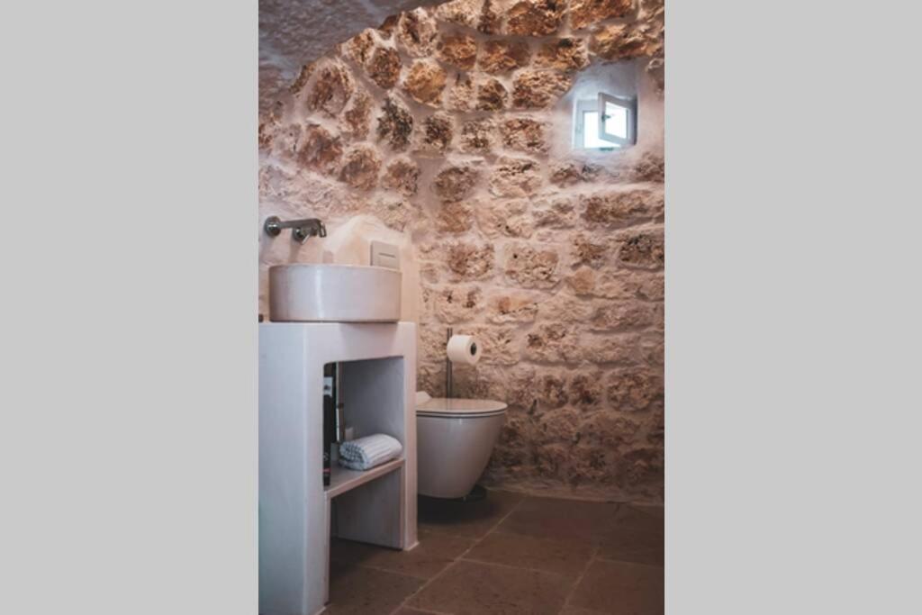 La salle de bains est pourvue de toilettes et d'un mur en pierre. dans l'établissement Tenuta Trullo Acquaro Ostuni, à Ostuni