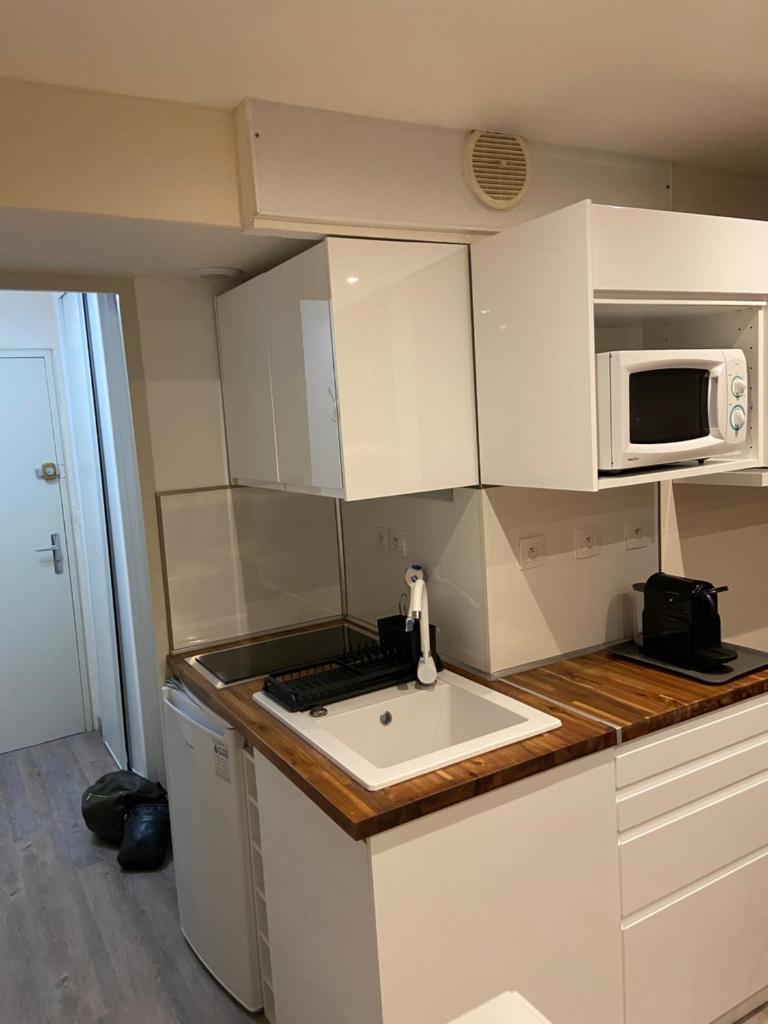 une petite cuisine avec un évier et un micro-ondes dans l'établissement Appartement Studio rénové le Corbier 4 personnes 22m2 domaine les Sybelles Classé 2 étoiles label qualité le corbier, à Villarembert