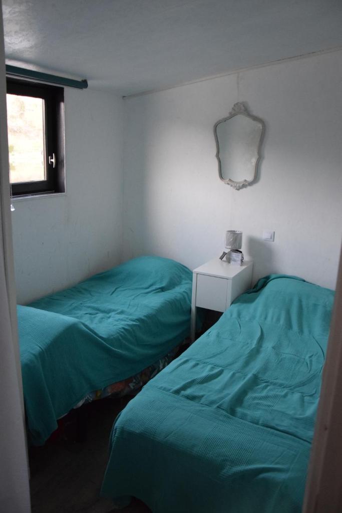 - 2 lits dans une petite chambre avec des draps verts dans l'établissement bateau du moulin girault, à Panzoult