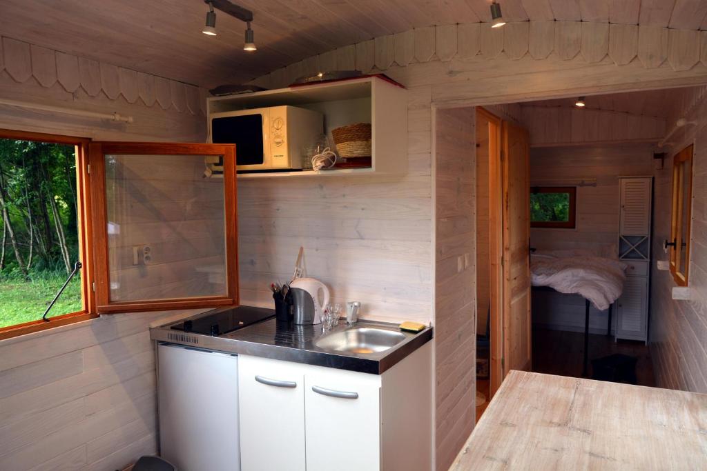 une cuisine avec un évier dans une petite maison dans l'établissement Roulotte paisible au milieu de la nature, à Sainte-Eulalie-en-Born