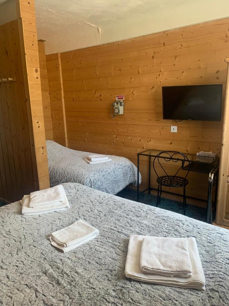 Cette chambre comprend deux lits, une table et une télévision. dans l'établissement Hôtel l'Équipe, au Sauze
