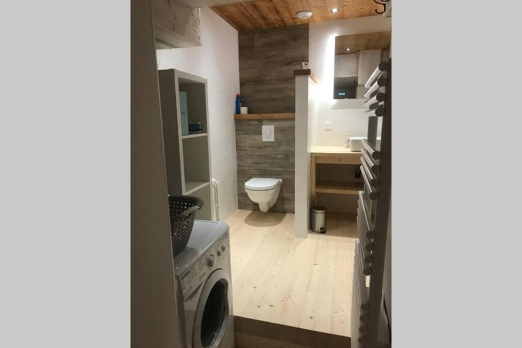 La salle de bains est pourvue de toilettes, d'un lave-linge et d'un sèche-linge. dans l'établissement Bel appartement neuf équipé au pied des pistes du HONHECK, à La Bresse