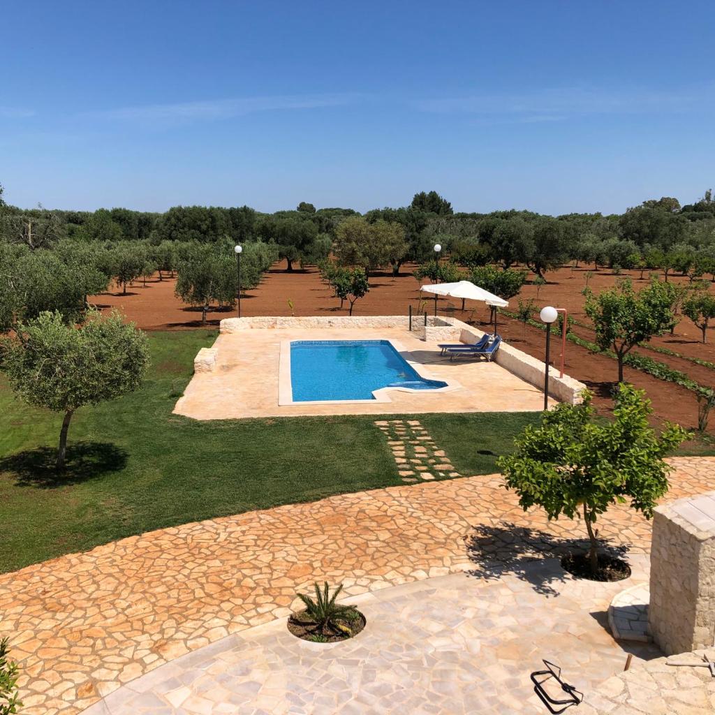 une vue aérienne d'une piscine dans un jardin dans l'établissement TRULLO PARCOMONSIGNORE CON PISCINA PRIVATA, à San Vito dei Normanni