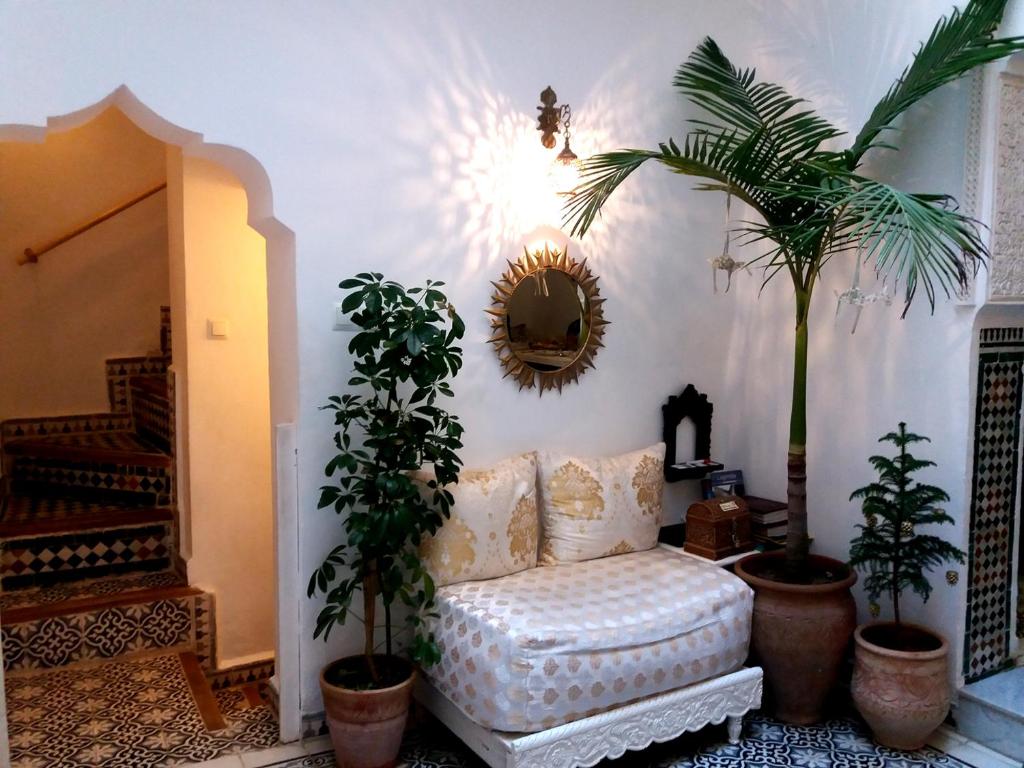 un salon avec des plantes en pot et un canapé dans l'établissement Riad Dar Arsama, à Fès