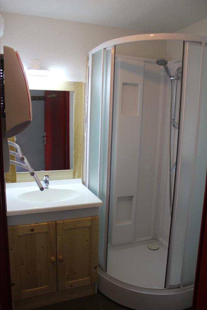 une salle de bain avec une douche, un lavabo et un miroir dans l'établissement Appartement Superdévoluy les 4 Géants, à Superdevoluy