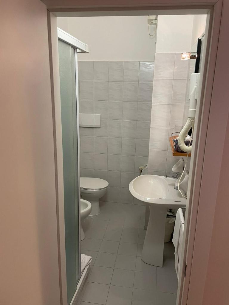une salle de bain avec toilettes et lavabo dans l'établissement Hotel Stazione del Sole, à Albenga