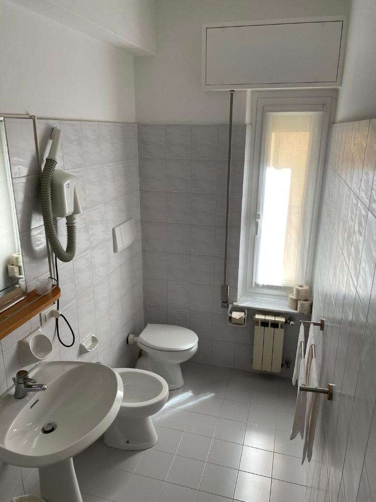 une salle de bain blanche avec un lavabo et des toilettes dans l'établissement Hotel Stazione del Sole, à Albenga