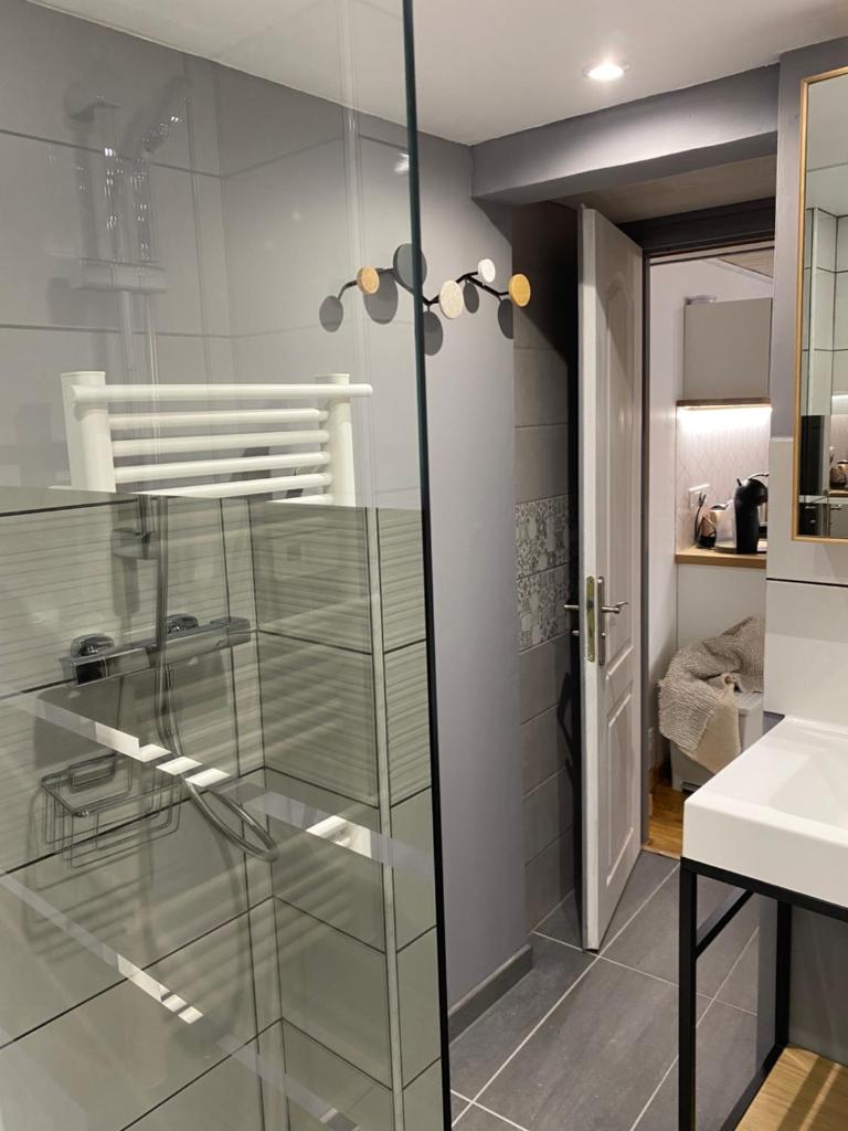 une douche en verre dans une salle de bain avec un lavabo dans l'établissement Cathy, aux Angles