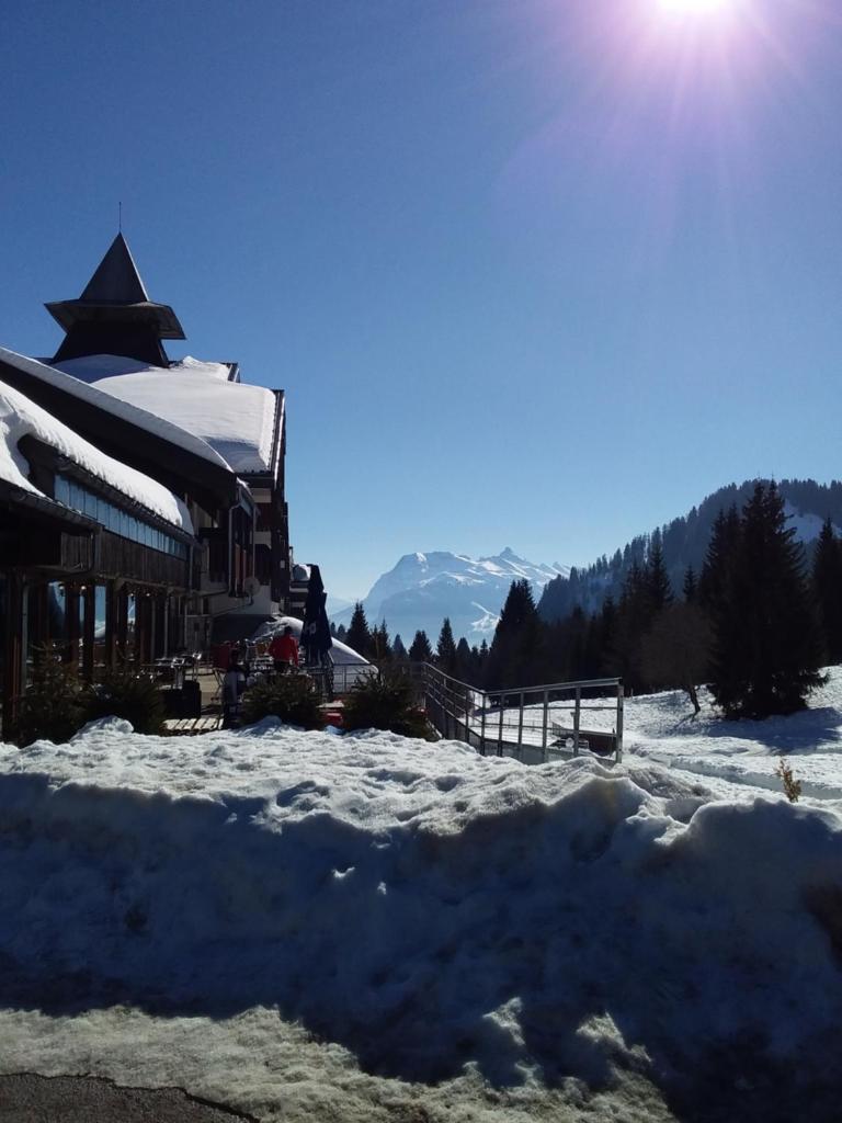 une pile de neige devant un bâtiment dans l'établissement Les Terrasses du Mont blanc, à Praz de Lys - Sommand