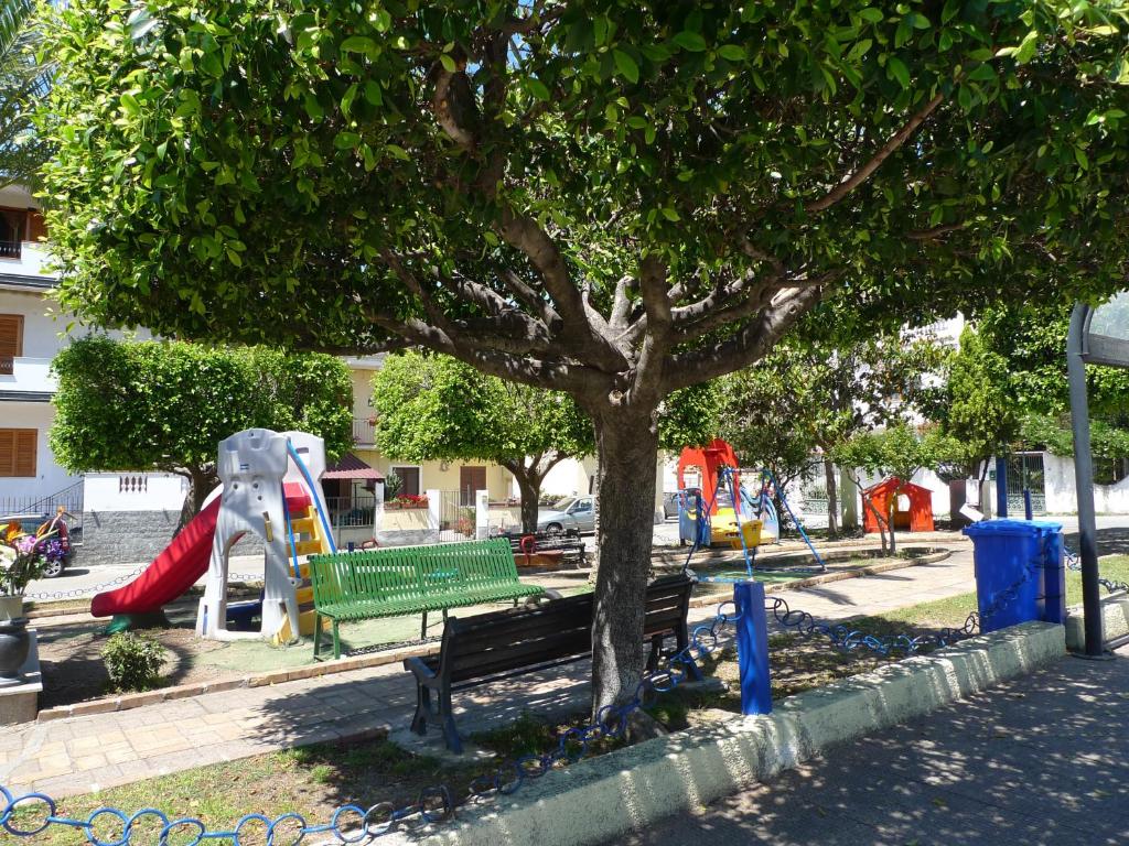 un parc avec un banc sous un arbre et une aire de jeux dans l'établissement Hotel Alexander, à Tropea