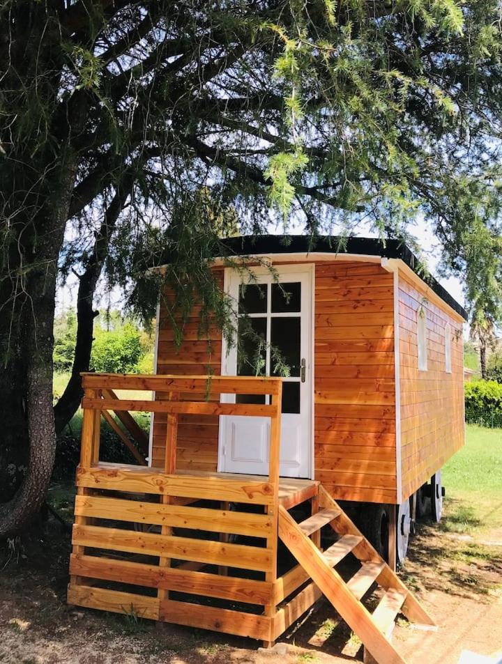 une petite maison en bois assise sous un arbre dans l'établissement ROULOTTE DE CHARME, à Saint-Genest-de-Bauzon