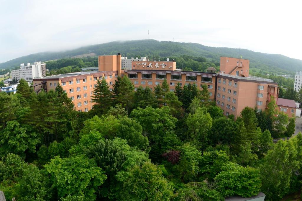 un bâtiment au milieu d'une forêt d'arbres dans l'établissement Hotel Daiheigen, à Otofuke