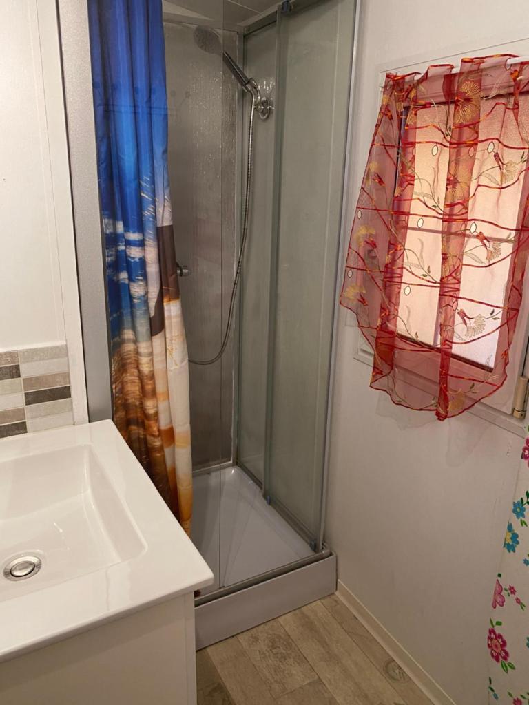 une douche avec une porte vitrée à côté d'un lavabo dans l'établissement Mobilehome 3 chambres curistes camping piscine, à Saint-Paul-lès-Dax