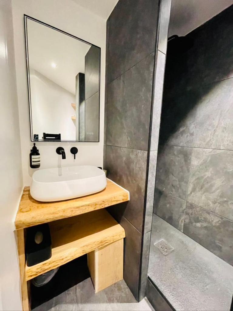 une salle de bain avec un lavabo et une douche dans l'établissement Serre-ChevalierStudio Terrace next to ski slopes, à Saint-Chaffrey 7 autres photos