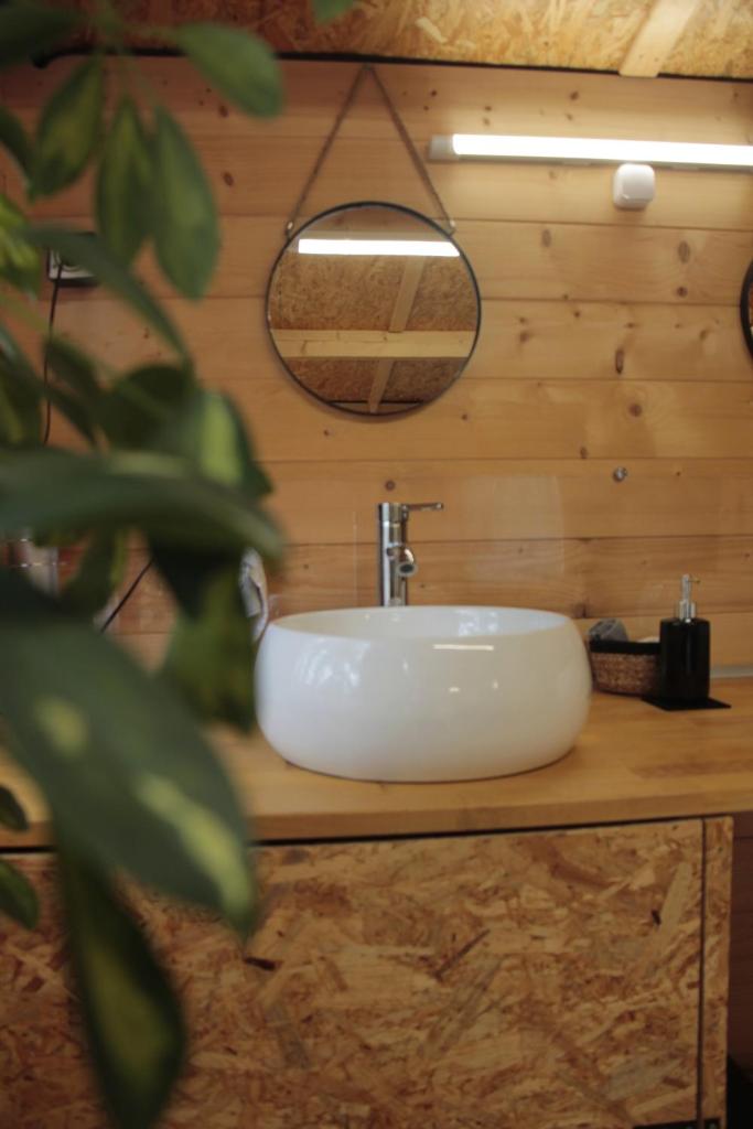 une salle de bain avec un lavabo et un miroir dans l'établissement nuit étoilée, à Mondragon