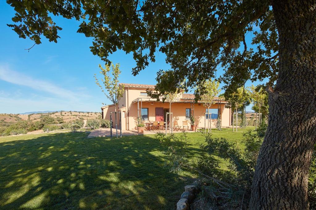 une maison avec un arbre en face d'une cour dans l'établissement Poggio Tamantino, Villa con piscina in Maremma, à Poggio Cavallo