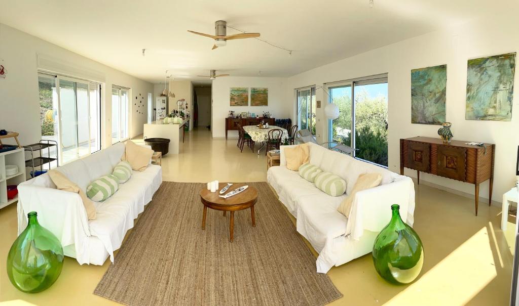 Elle comprend un salon doté d'un mobilier blanc et de vases en verre vert. dans l'établissement Stunning Design Villa with unique 180º sea views, à Marina di San Vito