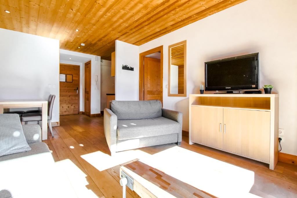 un salon avec un canapé et une télévision dans l'établissement Vue panoramique sur les montagnes plein Sud - T2 Skis aux pieds, Piscine & Spa, à Flaine