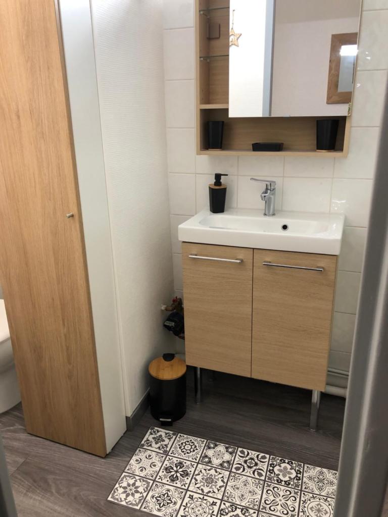 une petite salle de bain avec un lavabo et un miroir dans l'établissement L'AnsloBoys Montagne L2, à Les Deux Alpes 25 autres photos