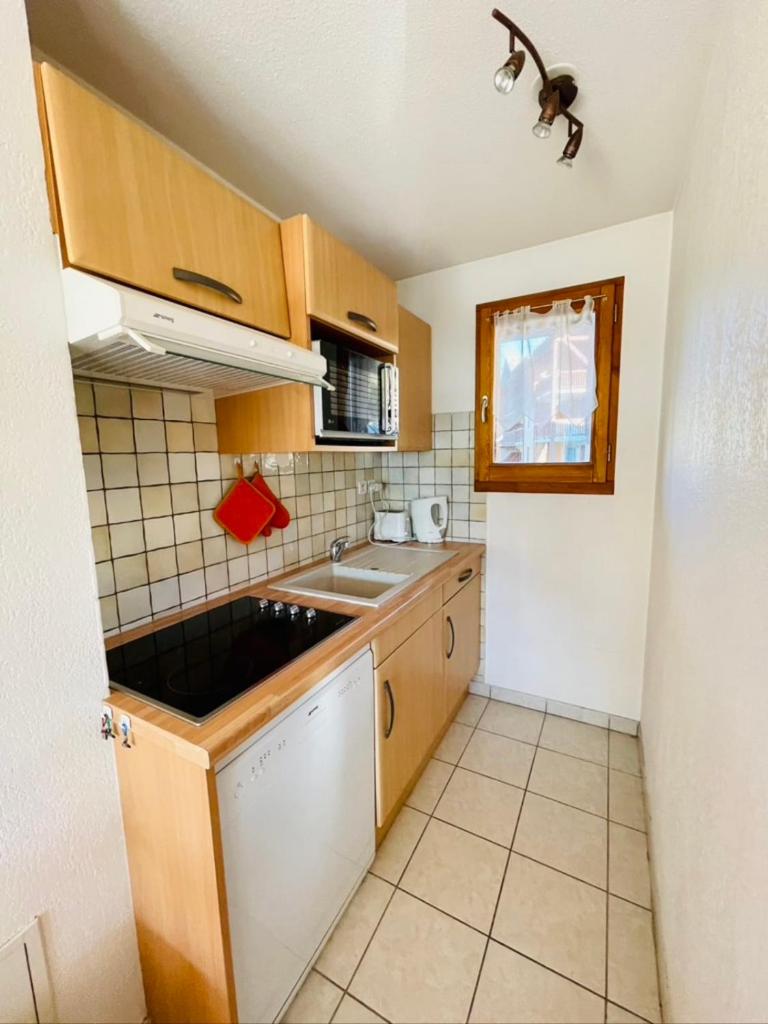 Elle comprend une petite cuisine avec des placards en bois et un évier. dans l'établissement Nice Cosy Apt With Balcony In Briançon, à Briançon 8 autres photos