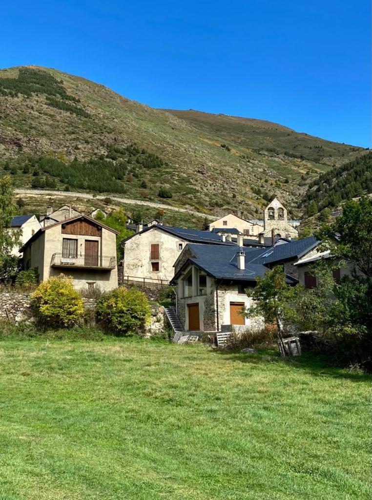 un groupe de maisons sur une colline avec un champ vert dans l'établissement Charmant T3 "les Cerdans", à Porté-Puymorens