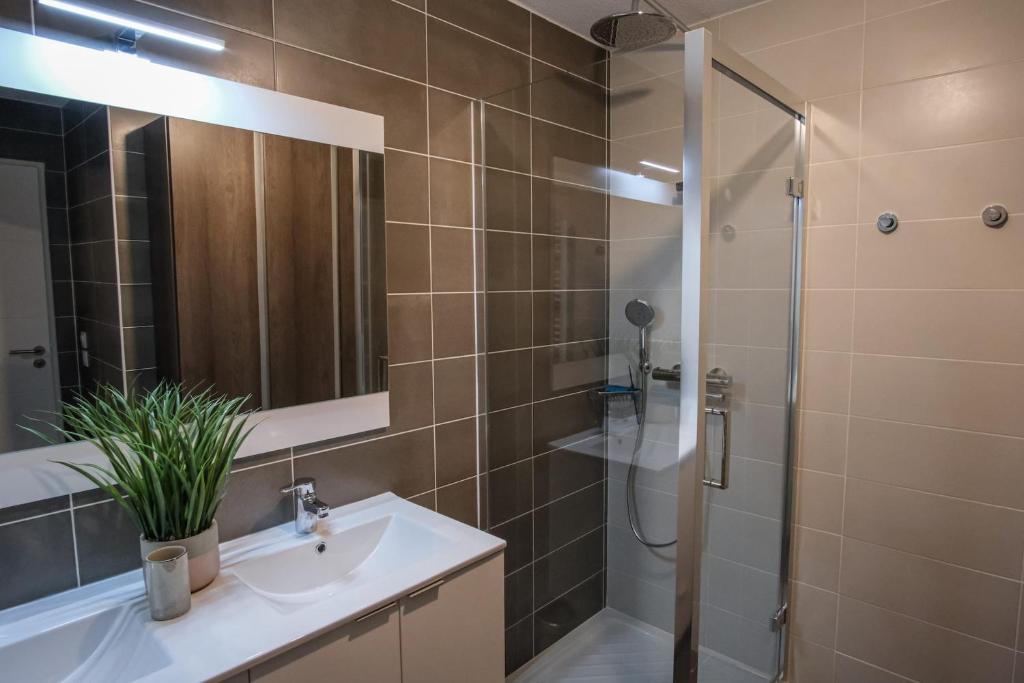 une salle de bain avec un lavabo et une douche avec un miroir dans l'établissement SUPERB apt with BALCONY in BRIANÇON, à Briançon