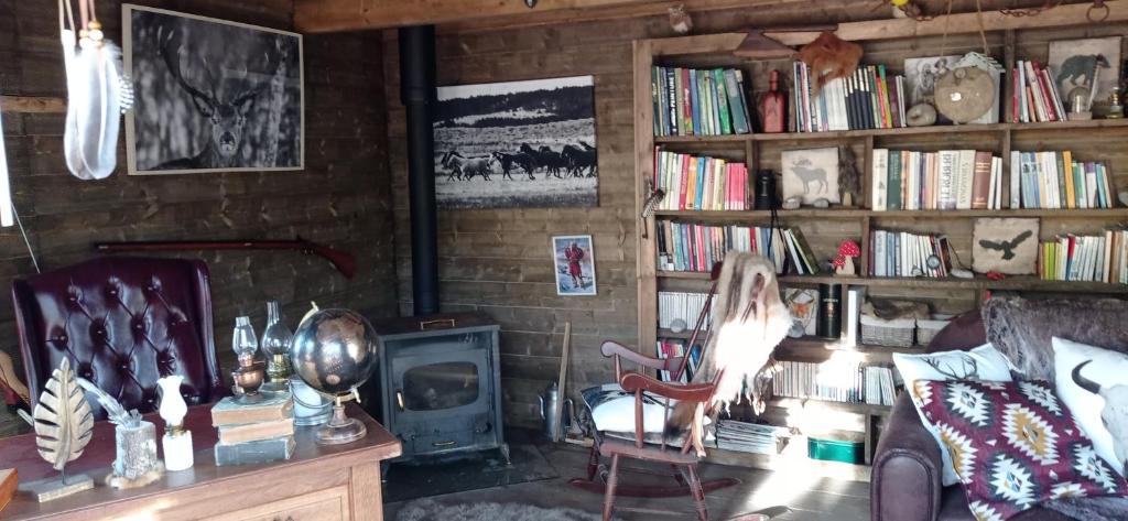 - un salon avec un canapé, une chaise et une cheminée dans l'établissement Cabanes Nature Morvan, à Blanot