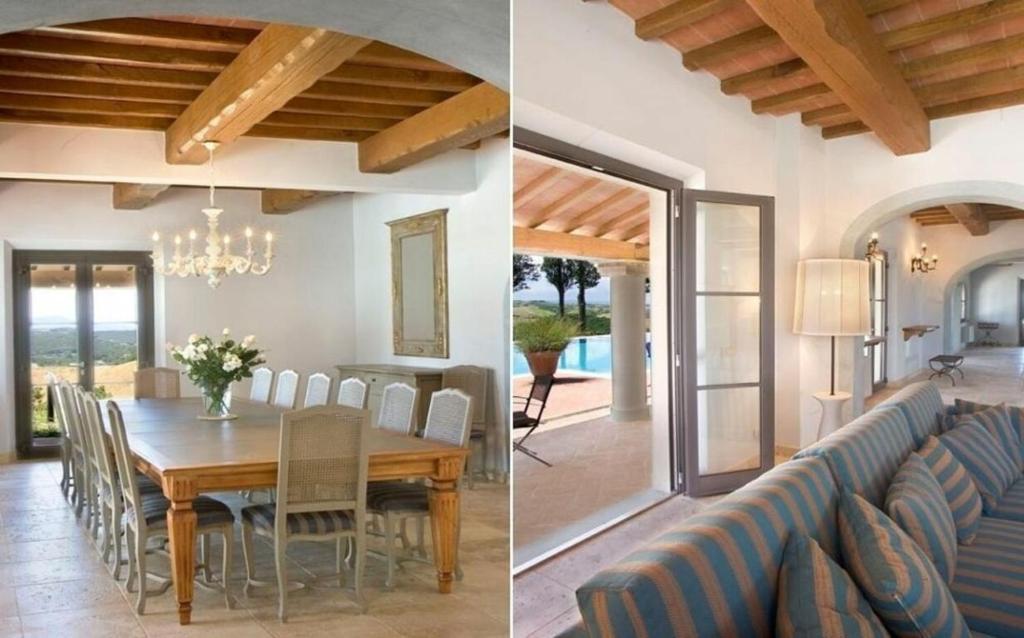 une salle à manger et un salon avec une table et des chaises dans l'établissement Villa Santa Virginia by Halldis, à Montaione