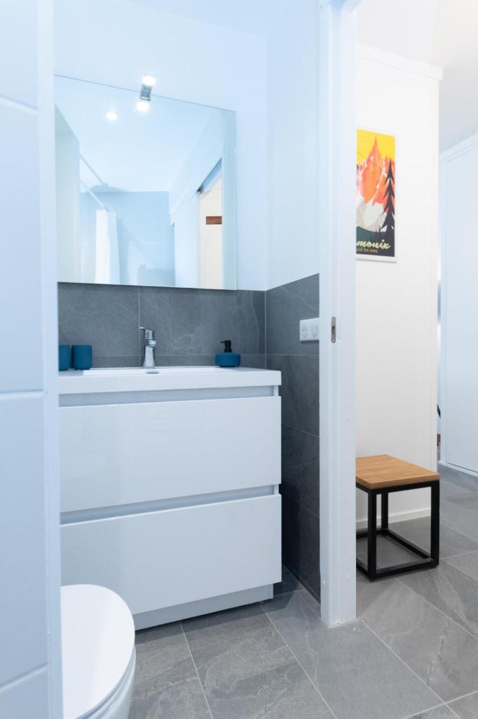 une salle de bain avec un lavabo blanc et des toilettes dans l'établissement Charming Studio With Balcony And View In Chamonix, à Chamonix-Mont-Blanc 1 autre photo