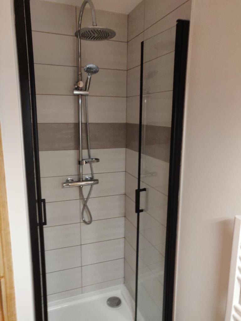 une douche avec une porte vitrée dans une salle de bain dans l'établissement Appartement neuf 4-6 pers. aux pieds des pistes, à Génos 9 autres photos