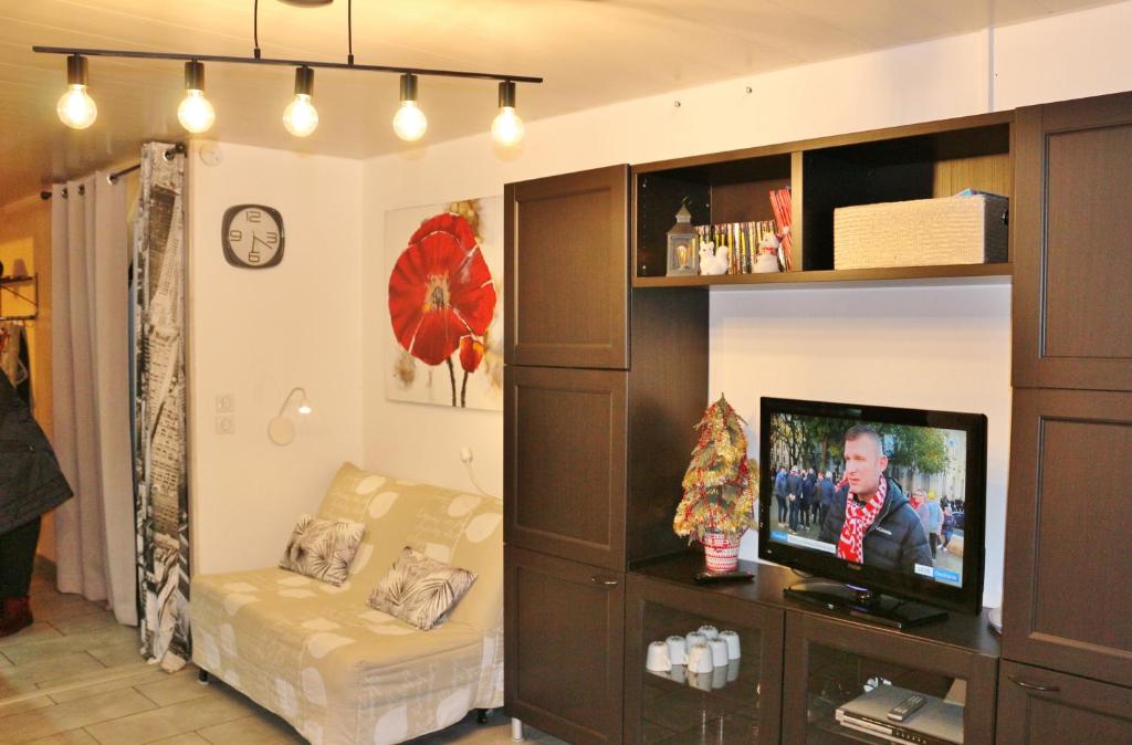 - un salon avec une télévision et un centre de divertissement dans l'établissement Studio pied de pistes avec place de parking privé extérieure LA MONGIE TOURMALET - Pic du midi, à La Mongie
