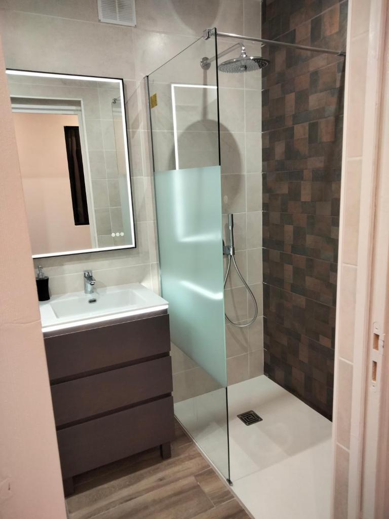 une salle de bain avec douche et lavabo dans l'établissement Panoramic Les Angles, aux Angles