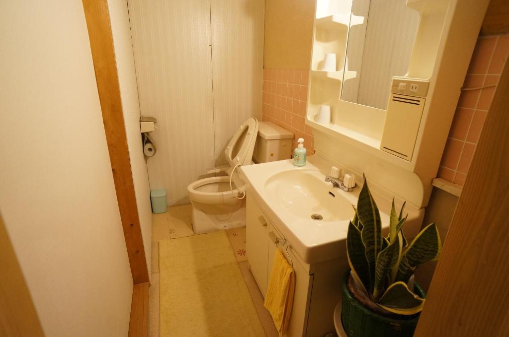 une salle de bain avec un lavabo, des toilettes et un miroir dans l'établissement Yufunoyado Kifu, à Yufu 25 autres photos