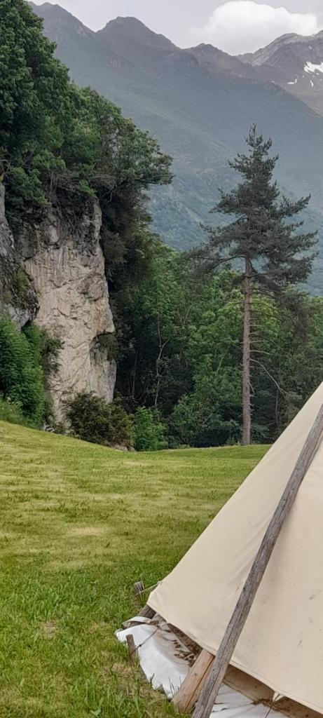 une tente dans un champ avec un arbre en arrière-plan dans l'établissement Tipi nature double, à Gavarnie 5 autres photos