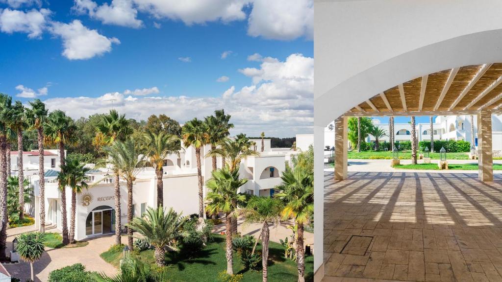 - une vue sur la cour d'un complexe avec des palmiers dans l'établissement HOTEL BARONE DI MARE, à Torre dell'Orso