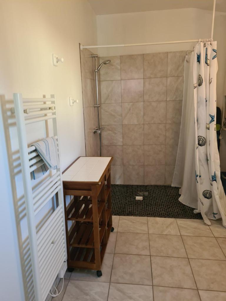 La salle de bains est pourvue d'une douche et d'une table en bois. dans l'établissement Gîte Camaloth - Closeries du Golfe, à Theix