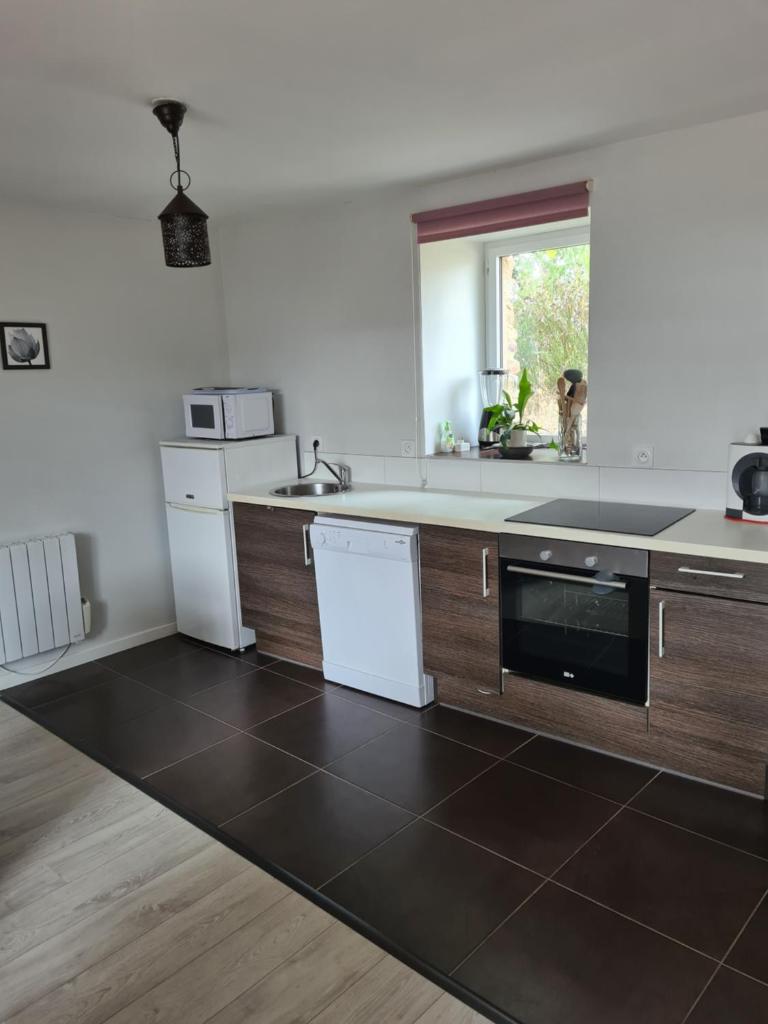 une cuisine avec des appareils électroménagers blancs et un chien dans la fenêtre dans l'établissement Gîte Avalon - Closeries du Golfe, à Theix