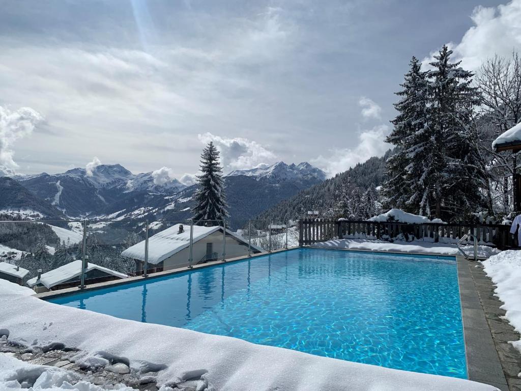 une piscine couverte de neige avec des montagnes en arrière-plan dans l'établissement Hôtel La Ferme du Chozal, Chalet de tradition, à Hauteluce
