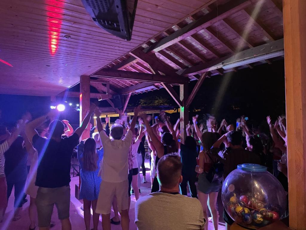 Un groupe de personnes dansant à une fête dans l'établissement Camping Avec Piscine et Rivière à Tournon sur Rhône Ardèche "Les Foulons", à Tournon-sur-Rhône 27 autres photos