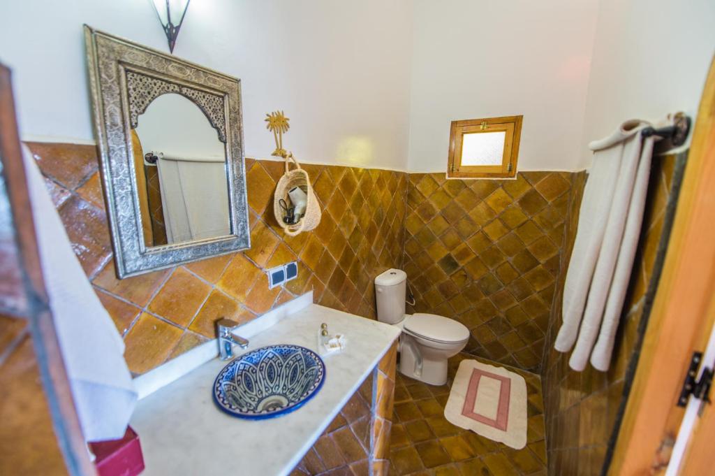 une salle de bain avec un lavabo, des toilettes et un miroir dans l'établissement Riad Dar Bab Todra, à Tinghir 37 autres photos