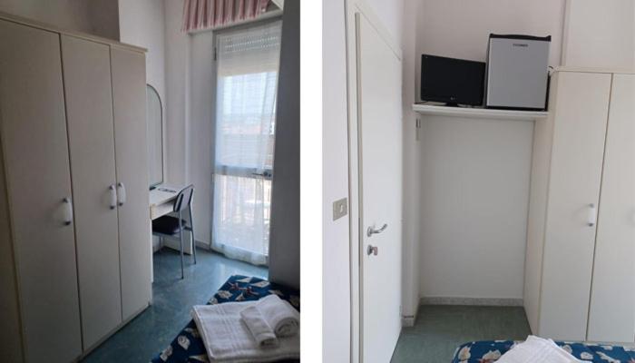 deux photos d'une pièce avec une porte et d'une chambre dans l'établissement Hotel Montmartre, à Rimini